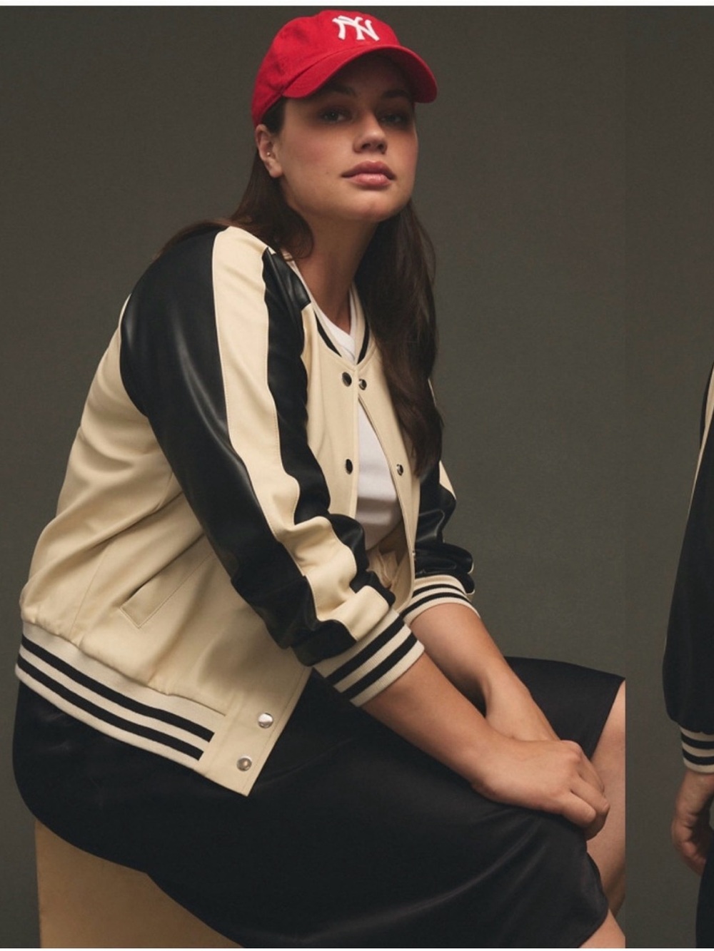 Anthropologie Faux Leather Varsity Jacket in Cream and Black